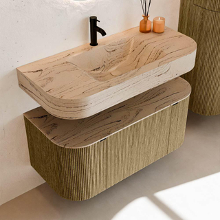 MONDIAZ THOR-DLUX 100cm meuble de salle de bains arrondi gauche + droite couleur Dusk avec 1 tiroir et 2 portes. Vasque suspendue CLOUD Milieu 1 trou de robinet couleur Arena.