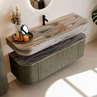 MONDIAZ THOR-DLUX 140cm meuble de salle de bains arrondi gauche + droite couleur Shadow avec 1 tiroir et 2 portes. Vasque suspendue CLOUD Milieu 1 trou de robinet couleur Sombra.