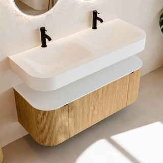 MONDIAZ THOR 120cm meuble de salle de bains arrondi gauche + droite couleur Oak avec 1 tiroir et 2 portes. Vasque suspendue CLOUD Double 2 trous de robinet couleur Talc.