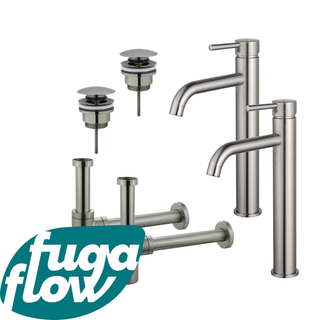 FugaFlow Eccelente Sobrado Kit robinet lavabo - pour double vasque - robinet rehaussé - bonde clic clac - siphon design - Inox brossé PVD