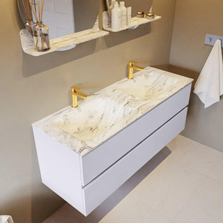 Mondiaz VICA-DLUX ensemble de meuble de salle de bain - 130cm - meuble sous-vasque cale - 2 tiroirs - lavabo encastré cloud double - 2 trous de robinet - version haute de 60cm - glace