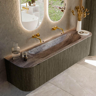 MONDIAZ KURVE-DLUX 170cm badmeubel ronding Links + Rechts kleur Shadow met 1 lade en 2 deuren. Wastafel BIG LARGE Midden zonder kraangat Oza.