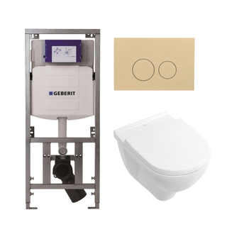 Villeroy & Boch O.novo toiletset met Geberit inbouwreservoir met diepspoel wandcloset wit soft close zitting en bedieningsplaat beige met ronde knoppen wit