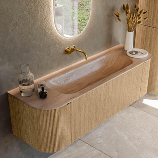 MONDIAZ KURVE-DLUX 150cm badmeubel ronding Links + Rechts kleur Oak met 1 lade en 2 deuren. Wastafel BIG MEDIUM Midden zonder kraangat Saba.