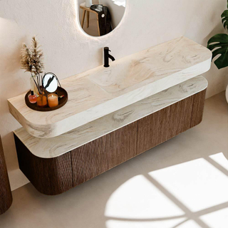 MONDIAZ THOR-DLUX 180cm meuble de salle de bains arrondi gauche + droite couleur Walnut avec 2 tiroirs et 2 portes. Vasque suspendue CLOUD Milieu 1 trou de robinet couleur Ostra.