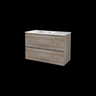 Basic-Line Start 46 ensemble de meubles de salle de bain 100x46cm sans poignée 2 tiroirs lavabo en porcelaine 1 trou pour robinet mfc scotch oak