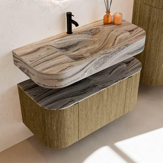 MONDIAZ THOR-DLUX 100cm meuble de salle de bains arrondi gauche + droite couleur Dusk avec 1 tiroir et 2 portes. Vasque suspendue CLOUD Milieu 1 trou de robinet couleur Sombra.