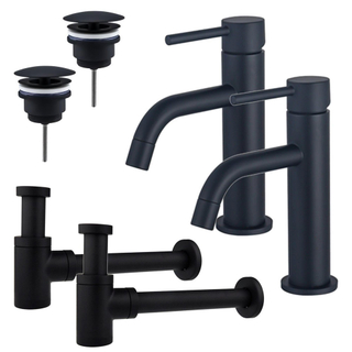 FugaFlow Eccelente Sobrado Slim Kit robinet lavabo - pour double vasque - robinet bas - bonde non-obturable - siphon design bas - Noir mat