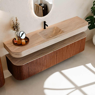 MONDIAZ THOR-DLUX Meuble de salle de bains - 190cm - arrondi gauche + droite - couleur Ruby - 2 tiroirs et 2 portes - Vasque suspendue CLOUD Milieu 1 trou de robinet - couleur Saba