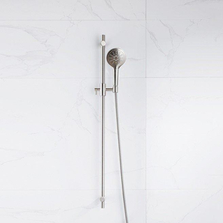 Fortifura Calvi Ensemble de douche avec barre curseur - douchette ronde - flexible en métal - Inox brossé PVD