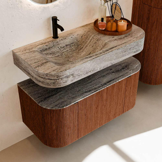 MONDIAZ THOR-DLUX 100cm meuble de salle de bains arrondi gauche + droite couleur Ruby avec 1 tiroir et 2 portes. Vasque suspendue CLOUD Gauche 1 trou de robinet couleur Oza.