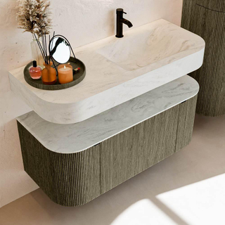 MONDIAZ THOR-DLUX 110cm meuble de salle de bains arrondi gauche + droite couleur Shadow avec 1 tiroir et 2 portes. Vasque suspendue CLOUD droite 1 trou de robinet couleur Opalo.