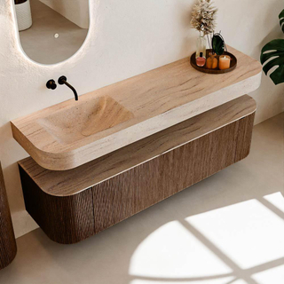 MONDIAZ THOR-DLUX Meuble de salle de bains 170cm arrondi gauche + droite couleur Walnut avec 1 tiroir et 2 portes. Vasque suspendue CLOUD Gauche sans trou de robinet couleur Saba.