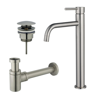 FugaFlow Eccelente Sobrado Slim Slim Kit mitigeur lavabo - robinet rehaussé - bonde clic clac - siphon design bas - PVD Inox brossé