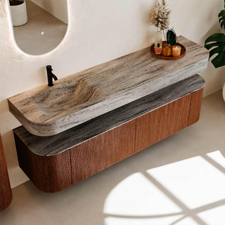 MONDIAZ THOR-DLUX 180cm meuble de salle de bains arrondi gauche + droite couleur Ruby avec 2 tiroirs et 2 portes. Vasque suspendue CLOUD Gauche 1 trou de robinet couleur Oza.