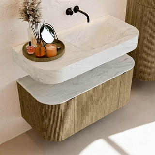 MONDIAZ THOR-DLUX 100cm meuble de salle de bains arrondi gauche + droite couleur Dusk avec 1 tiroir et 2 portes. Vasque suspendue CLOUD droite sans trou de robinet couleur Opalo.