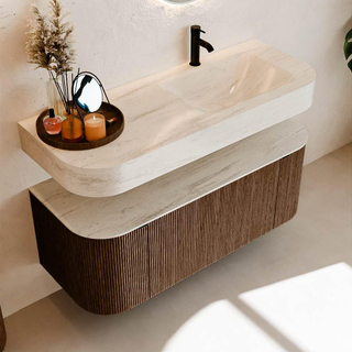 MONDIAZ THOR-DLUX 120cm meuble de salle de bains arrondi gauche + droite couleur Walnut avec 1 tiroir et 2 portes. Vasque suspendue CLOUD Droite 1 trou de robinet couleur Meli.