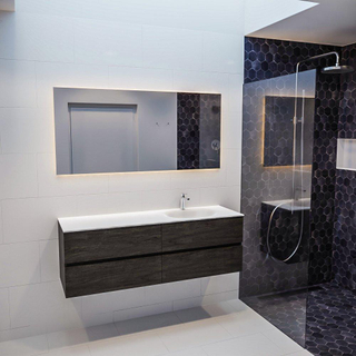 MONDIAZ VICA Ensemble de meuble salle de bain - 150cm - 4 tiroirs - lavabo Moon à droite - 1 trou de robinet - solid surface marron foncé