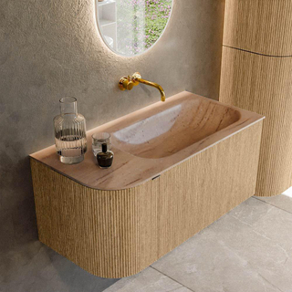 MONDIAZ KURVE-DLUX 95cm badmeubel ronding Links kleur Oak met 1 lade en 1 deur. Wastafel BIG SMALL Rechts zonder kraangat Saba.