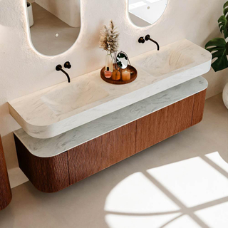 MONDIAZ THOR-DLUX Meuble de salle de bains 190cm arrondi gauche + droite couleur Ruby avec 2 tiroirs et 2 portes. Vasque suspendue CLOUD Double sans trou de robinet couleur Opalo.