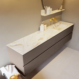 Mondiaz VICA-DLUX ensemble de meuble de salle de bain - 200cm - meuble sous-vasque fumée - 4 tiroirs - lavabo encastré nuage droite - sans trous de robinet - version haute de 60cm - frape