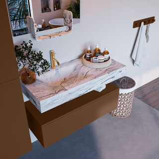 Mondiaz ALAN-DLUX Ensemble de meuble - 100cm - meuble Rust mat - 1 tiroir - Lavabo Cloud Glace suspendu - vasque Gauche - 1 trou de robinet