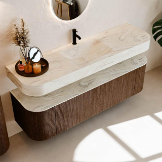 MONDIAZ THOR-DLUX 160cm meuble de salle de bains arrondi gauche + droite couleur Walnut avec 1 tiroir et 2 portes. Vasque suspendue CLOUD Milieu 1 trou de robinet couleur Ostra.