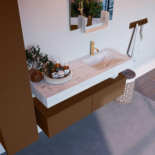Mondiaz ALAN-DLUX Ensemble de meuble - 130cm - meuble Rust mat - 2 tiroirs - Lavabo Cloud Opalo suspendu - vasque Droite - 1 trou de robinet
