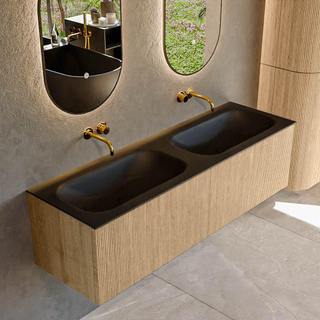 MONDIAZ KURVE 150cm Meuble salle de bain - couleur Oak - 2 tiroirs - vasque BIG SMALL double - sans trous de robinet - Urban