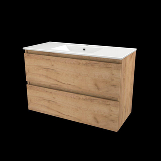 Basic-Line Start 46 ensemble de meubles de salle de bain 100x46cm sans poignée 2 tiroirs lavabo en porcelaine 1 trou pour le robinet mfc whisky oak