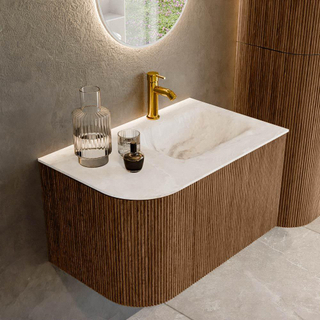 MONDIAZ KURVE-DLUX 75cm Meuble salle de bain avec module 25 G - couleur Walnut - 1 tiroir - 1 porte - vasque GRUNNE droite - 1 trou de robinet - couleur Frappe