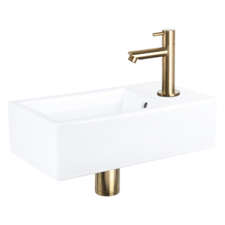 Differnz Force Set lave-mains 40x22x8cm 1 trou avec robinet droit et siphon + bonde dorés mat Rectangulaire Céramique Blanc
