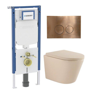 QeramiQ Dely Toiletset - 36.3x51.7cm - diepspoel - rimless - Geberit UP720 inbouwreservoir - softclose toilet zitting 35 mm - koperen bedieningsplaat - ronde knoppen - mat beige