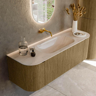 MONDIAZ KURVE-DLUX 140cm badmeubel ronding Links + Rechts kleur Dusk met 1 lade en 2 deuren. Wastafel BIG SMALL Midden zonder kraangat Meli.