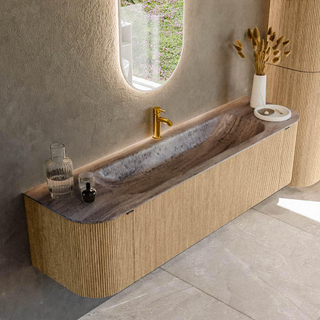 MONDIAZ KURVE-DLUX 170cm badmeubel ronding Links + Rechts kleur Oak met 1 lade en 2 deuren. Wastafel BIG LARGE Midden 1 kraangat Oza.