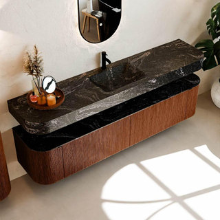 MONDIAZ THOR-DLUX Meuble de salle de bains - 200cm - arrondi gauche + droite - couleur Ruby - 2 tiroirs - 2 portes - Vasque suspendue CLOUD Milieu 1 trou de robinet - couleur Lava