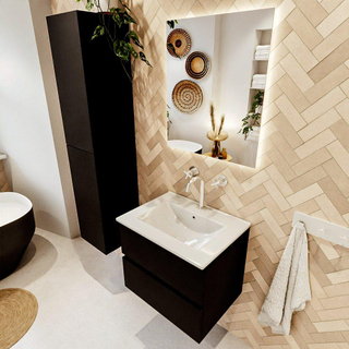 MONDIAZ VICA meuble sous lavabo 60cm Urban 2 tiroirs. Lavabo DENIA centre 1 trou de robinet, couleur Blanc Brillant.