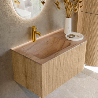 MONDIAZ KURVE-DLUX 85cm badmeubel ronding Rechts kleur Oak met 1 lade en 1 deur. Wastafel CLOUD Links 1 kraangat Saba.