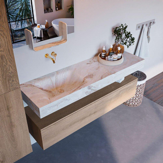 Mondiaz ALAN-DLUX Ensemble de meuble - 150cm - meuble Washed Oak mat - 1 tiroir - Lavabo Cloud Frappe suspendu - vasque Gauche - 0 trous de robinet