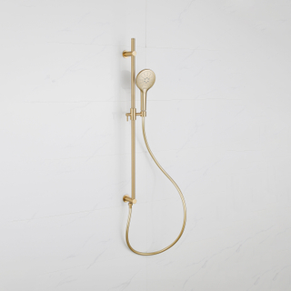 Fugaflow Eccelente Sobrado Ensemble de Glissière - coude de raccordement mural intégré - flexible de douche lisse - douchette ronde - Laiton Brossé PVD (Or)