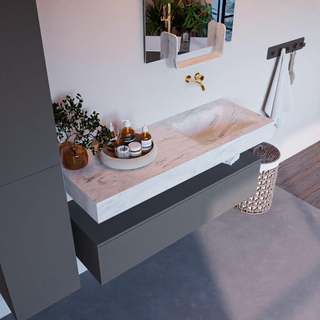 Mondiaz ALAN-DLUX Ensemble de meuble - 130cm - meuble Plata mat - 1 tiroir - Lavabo Cloud Opalo suspendu - vasque Droite - 0 trous de robinet
