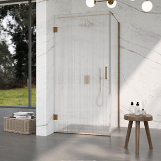 FugaFlow Eccelente Vetro Douchecabine - 80x90x200cm - scharnieren - deurgreep - stabilisatiestang - helder geribbeld - veiligheidsglas - Koper geborsteld PVD (Koper)