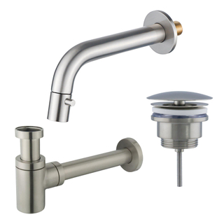 FugaFlow Eccelente Ensemble robinetterie pour fontaine - encastré - bec 18cm - raccourcissable - siphon - bouchon toujours ouvert - Acier inoxydable brossé PVD (RVS)