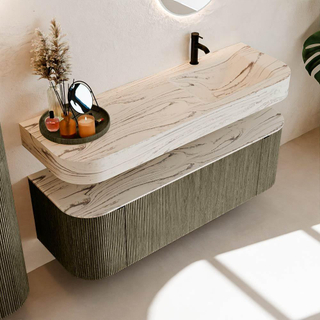 MONDIAZ THOR-DLUX 140cm meuble de salle de bains arrondi gauche + droite couleur Shadow avec 1 tiroir et 2 portes. Vasque suspendue CLOUD droite 1 trou de robinet couleur Nata.