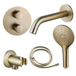 FugaFlow Eccelente Acces Badkraan set - uitloop - 22cm inkortbaar - rond bedieningspaneel - gladde slang - ronde handdouche - inbouwdeel - wandhouder - geborsteld messing