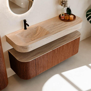 MONDIAZ THOR-DLUX 140cm meuble de salle de bains arrondi gauche + droite couleur Ruby avec 1 tiroir et 2 portes. Vasque suspendue CLOUD Gauche 1 trou de robinet couleur Saba.