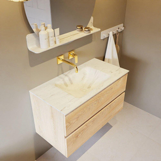 Mondiaz VICA-DLUX Ensemble de meuble de salle de bain - 90cm - meuble sous-vasque chêne blanchi - 2 tiroirs - lavabo encastré nuage milieu - sans trous de robinet - version haute de 60cm - opalo