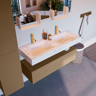 Mondiaz ALAN-DLUX Ensemble de meuble - 120cm - meuble Oro mat - 1 tiroir - Lavabo Cloud Ostra suspendu - vasque Gauche et droite - 2 trous de robinet