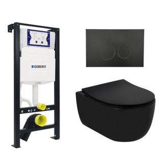 Plieger Kansas Toiletset - UP320 inbouwreservoir - wandcloset - compact - slim zitting - softclose - mat zwarte bedieningsplaat - ronde knoppen - mat zwart