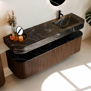 MONDIAZ THOR-DLUX 160cm meuble de salle de bains arrondi gauche + droite couleur Walnut avec 1 tiroir et 2 portes. Vasque suspendue CLOUD Droite 1 trou de robinet couleur Lava.